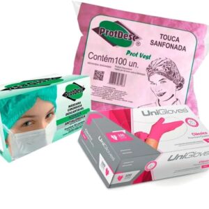 Combo Máscara Tripla Rosa + Touca Sanfonada Rosa + Luva Latex Rosa P