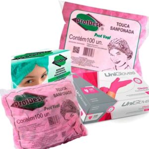 Combo Avental + Touca + Máscara + Luva Rosa M - Protdesc