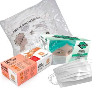 Combo Máscara Tripla Branca + Touca Sanfonada Branca + Luva Vinil Tamanho M
